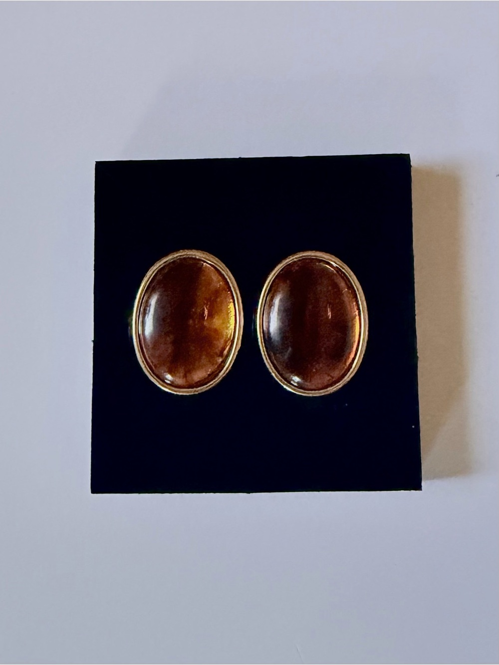 Vtg Signed Trifari Faux Tortoise Shell Oval Amber Color Cabochon Stud Earrings